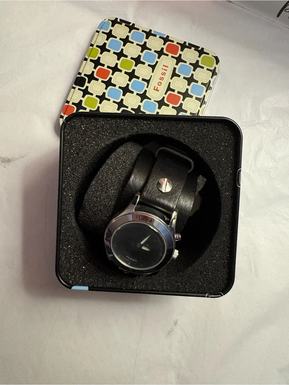 Fossil Big Tick Mens Black Leather Cuff Watch with Silver Case